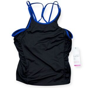 NEW Lucky In Love Ruche Crop Tank Women's Medium Black Blue Strappy Tennis Golf